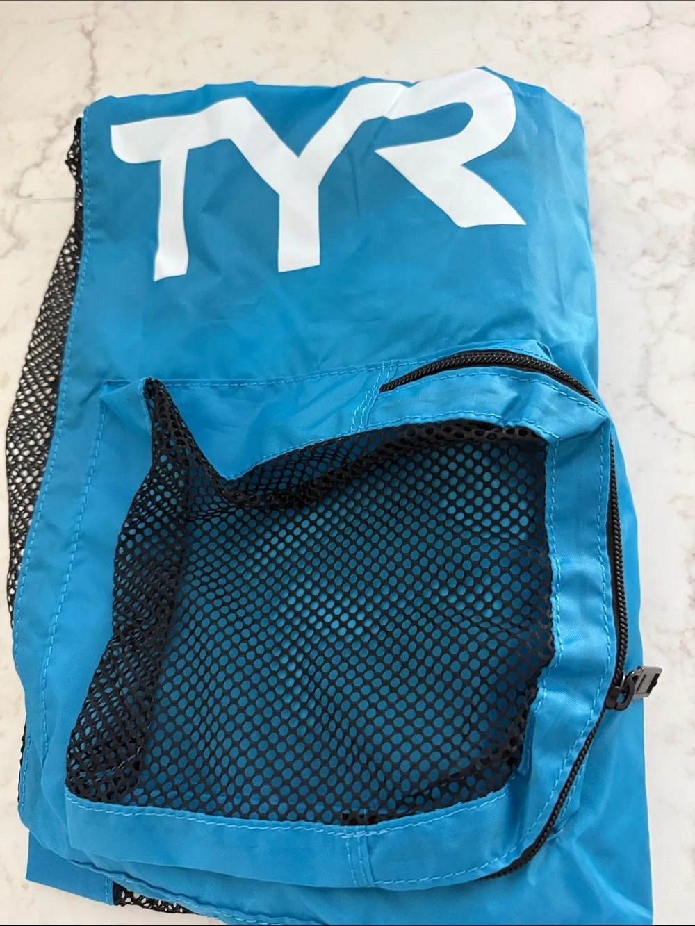 TYR Bright Blue Mesh Swim Backpack with Black Mesh Pocket